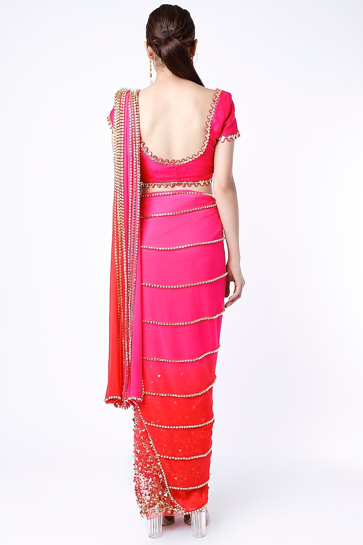 Red Shaded Embroidered Pre-Stitched Reception Saree Set by Papa Don't Preach by Shubhika at Pernia's Pop Up Shop