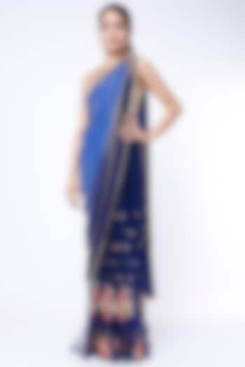 Blue Shaded Embroidered Pre-Stitched Reception Saree Set by Papa Don't Preach by Shubhika at Pernia's Pop Up Shop