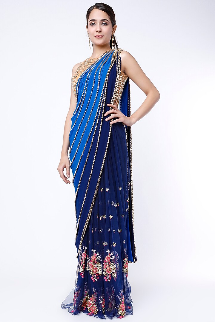 Blue Shaded Embroidered Pre-Stitched Reception Saree Set by Papa Don't Preach by Shubhika at Pernia's Pop Up Shop
