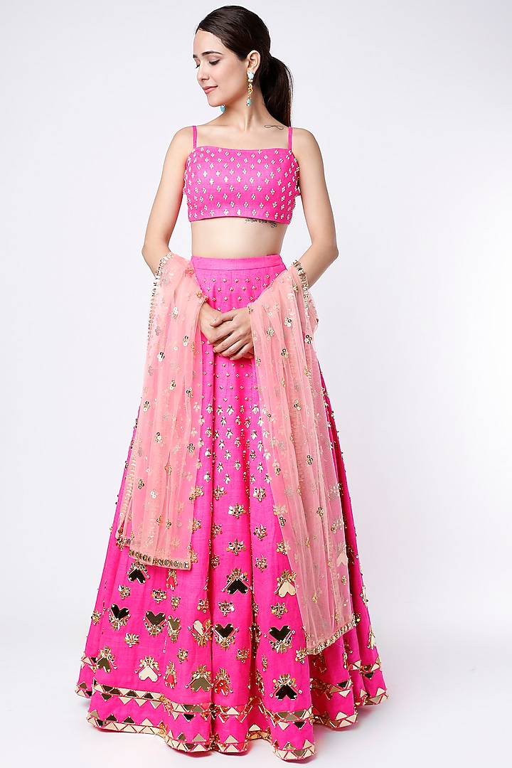 Hot Pink Embroidered Lehenga Set by Papa Don't Preach by Shubhika