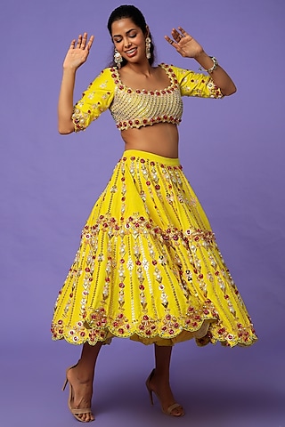 Yellow Embroidered Lehenga Set by Papa Don't Preach by Shubhika