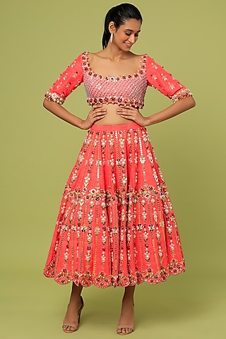 Fuchsia Raw Silk Metallic Embroidered Half Lehenga Set by Papa Don't Preach by Shubhika