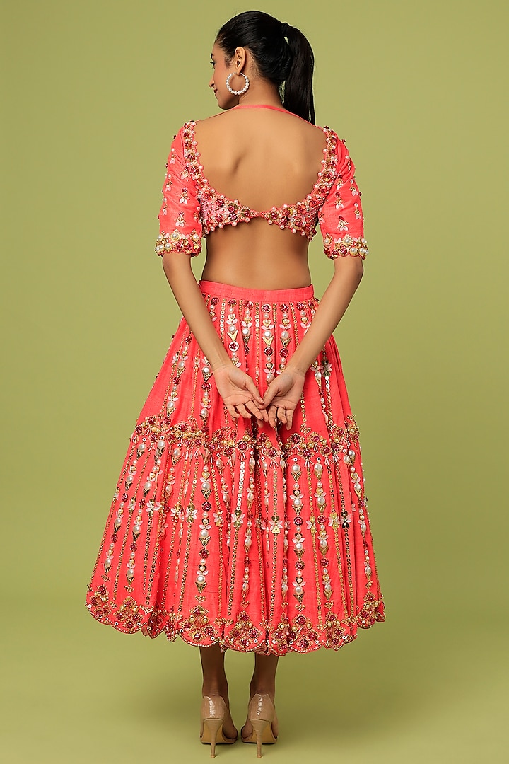 Fuchsia Raw Silk Metallic Embroidered Half Bridal Lehenga Set by Papa Don't Preach by Shubhika at Pernia's Pop Up Shop
