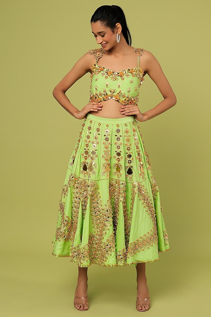 Lime Embroidered Half Lehenga Set by Papa Don't Preach by Shubhika