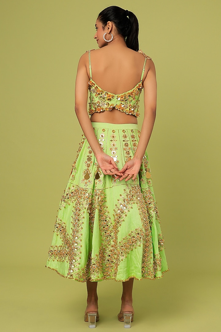 Lime Raw Silk Metallic Embroidered Half Bridal Lehenga Set by Papa Don't Preach by Shubhika at Pernia's Pop Up Shop