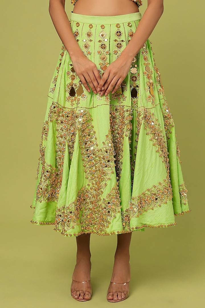 Lime Raw Silk Metallic Embroidered Half Bridal Lehenga Set by Papa Don't Preach by Shubhika at Pernia's Pop Up Shop