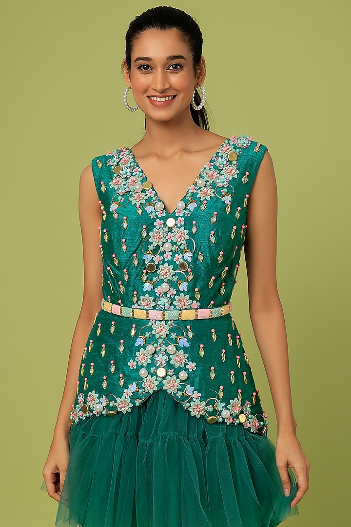 Teal Tulle Embroidered Party Wear Dress by Papa Don't Preach by Shubhika at Pernia's Pop Up Shop