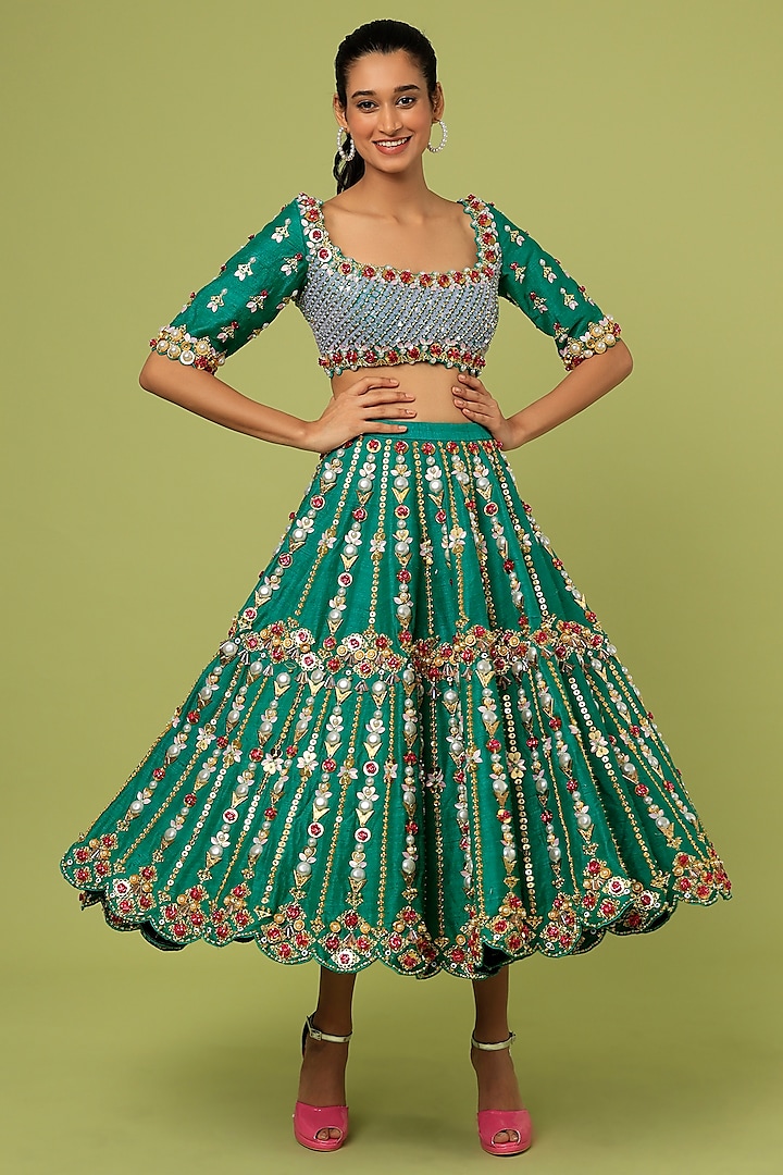 Teal Embroidered Half Lehenga Set by Papa Don't Preach by Shubhika