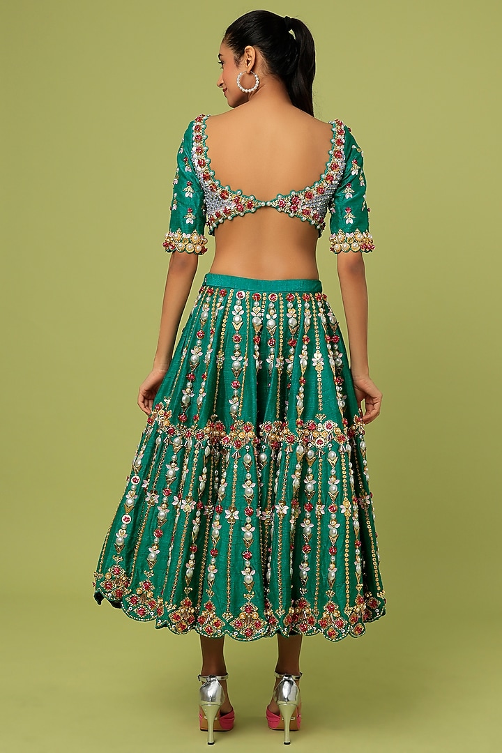 Teal Raw Silk Metallic Embroidered Half Bridal Lehenga Set by Papa Don't Preach by Shubhika at Pernia's Pop Up Shop