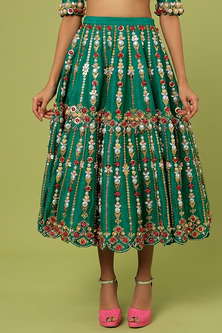 Teal Raw Silk Metallic Embroidered Half Bridal Lehenga Set by Papa Don't Preach by Shubhika at Pernia's Pop Up Shop