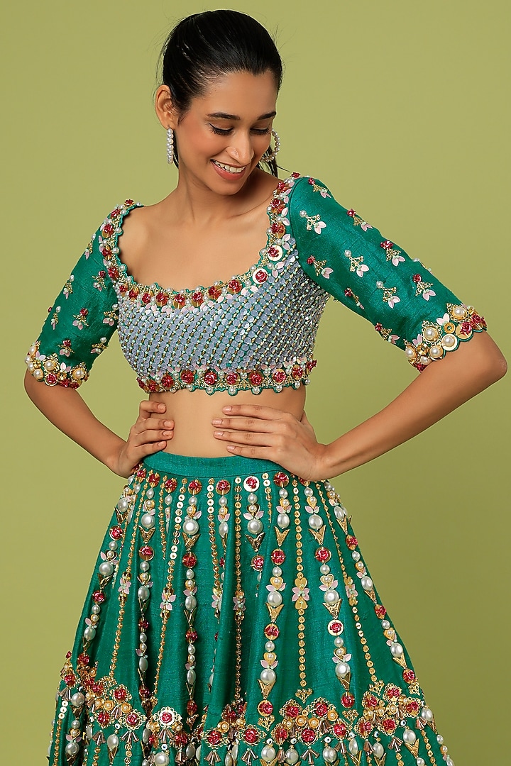 Teal Raw Silk Metallic Embroidered Half Bridal Lehenga Set by Papa Don't Preach by Shubhika at Pernia's Pop Up Shop