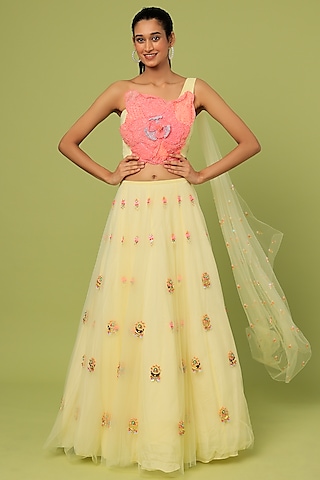 Butter Yellow Embroidered Lehenga Set by Papa Don't Preach by Shubhika