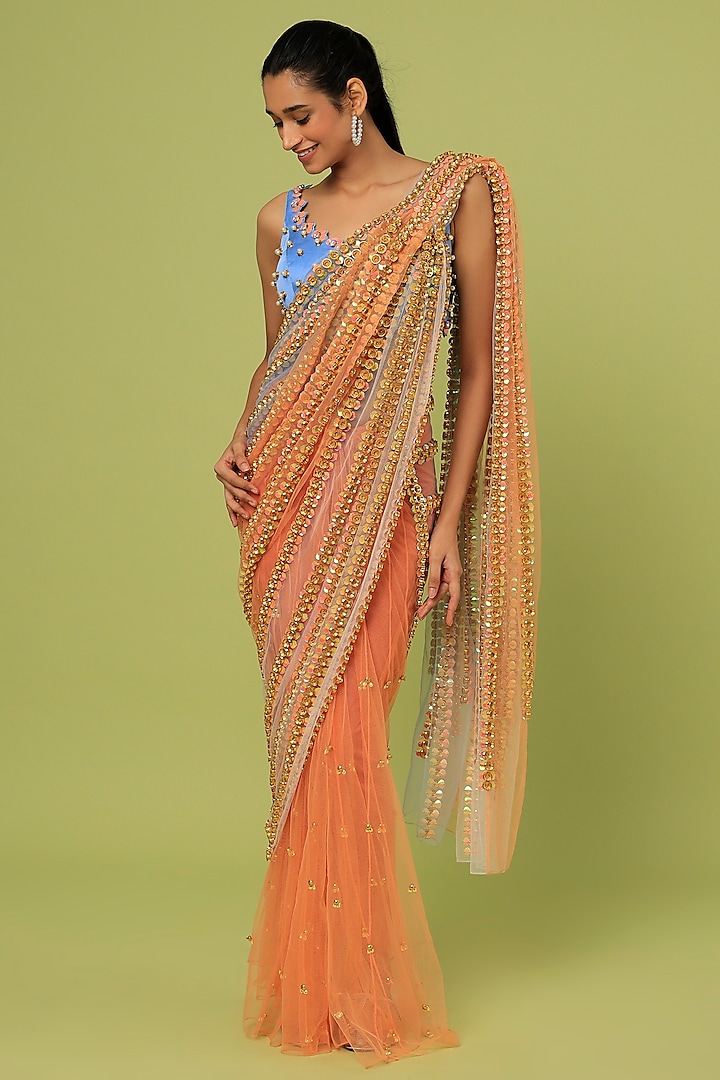 Orange Embroidered Pre-Pleated Saree Set by Papa Don't Preach by Shubhika