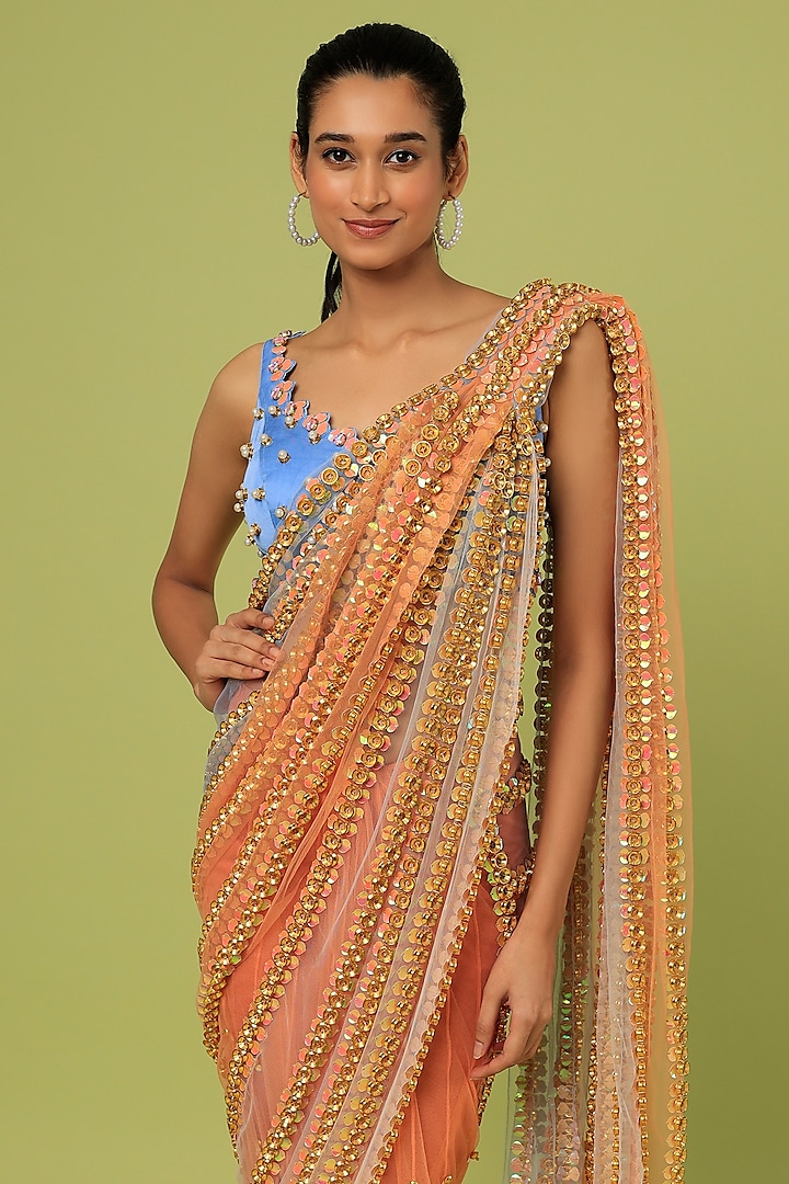 Orange Embroidered Pre-Pleated Saree Set Design by Papa Don't Preach by  Shubhika at Pernia's Pop Up Shop 2024