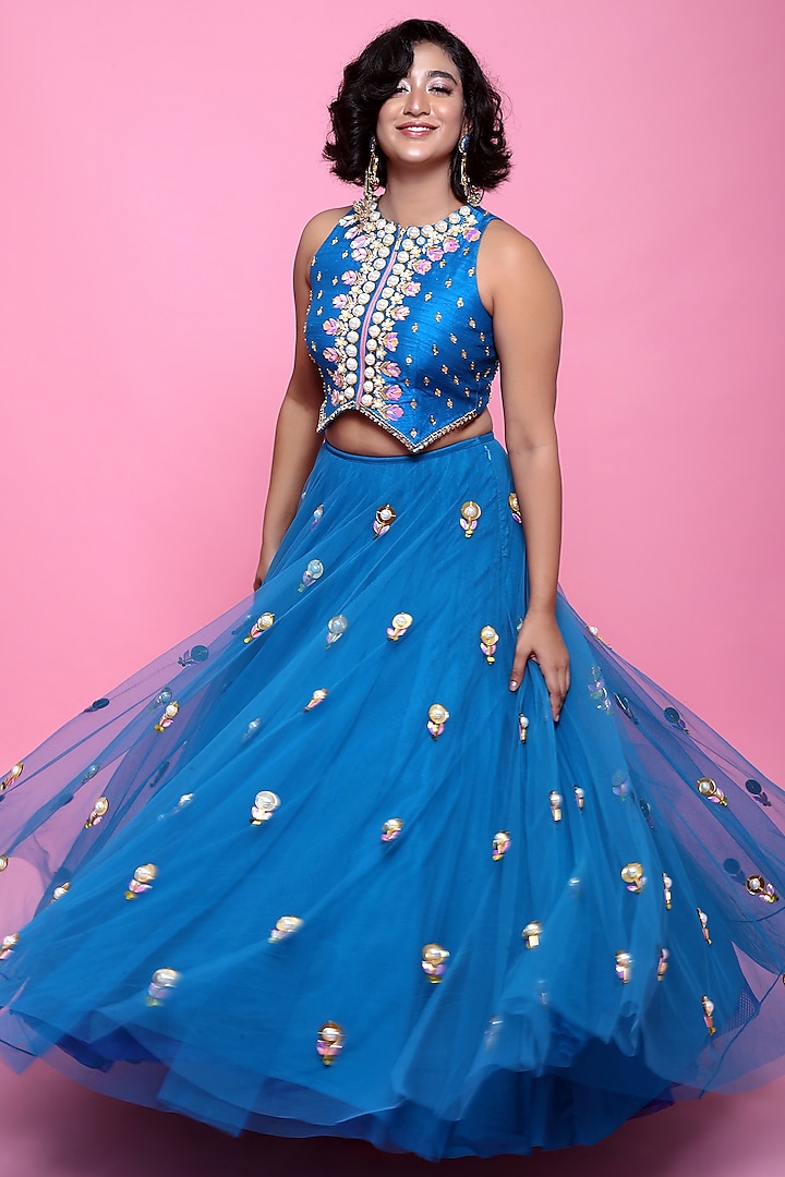 Dark Blue Embellished Wedding Lehenga Set by Papa Don't Preach by Shubhika at Pernia's Pop Up Shop