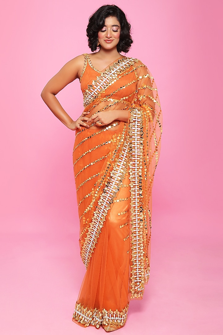 Brick Orange Embellished Saree Set by Papa Don't Preach by Shubhika