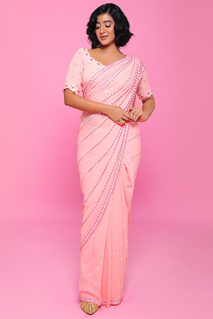 Peach Embellished Saree Set by Papa Don't Preach by Shubhika