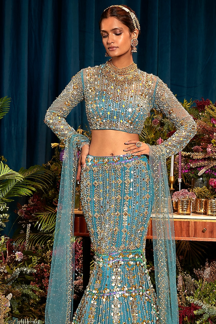 Blue Tulle Sequin Embellished Mermaid Bridal Lehenga Set by Papa Don't Preach by Shubhika at Pernia's Pop Up Shop