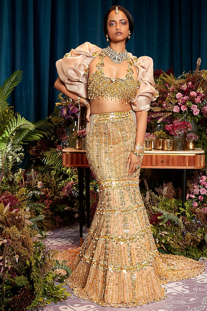 Gold Tulle & Organza Sequin Embellished Bridal Lehenga Set by Papa Don't Preach by Shubhika at Pernia's Pop Up Shop