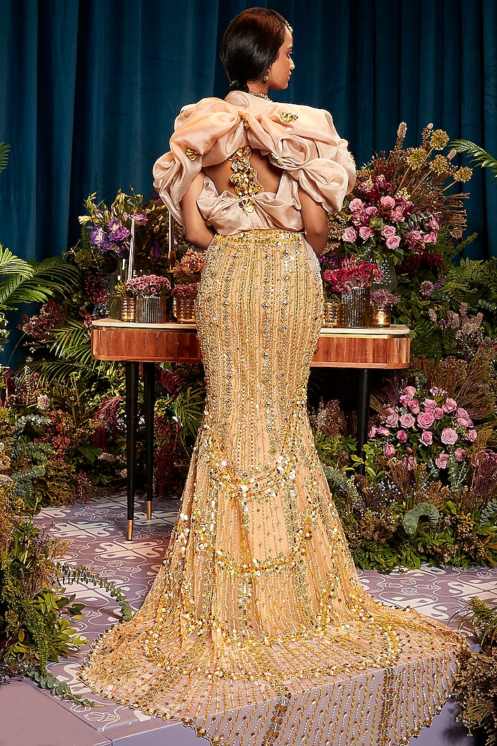 Gold Tulle & Organza Sequin Embellished Bridal Lehenga Set by Papa Don't Preach by Shubhika at Pernia's Pop Up Shop