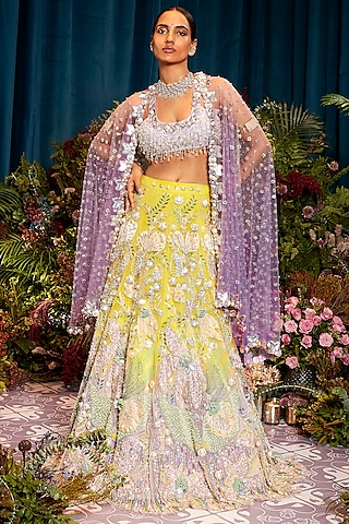 Lime & Lilac Ombre Tulle Crystal Stone Embellished Lehenga Set by Papa Don't Preach by Shubhika
