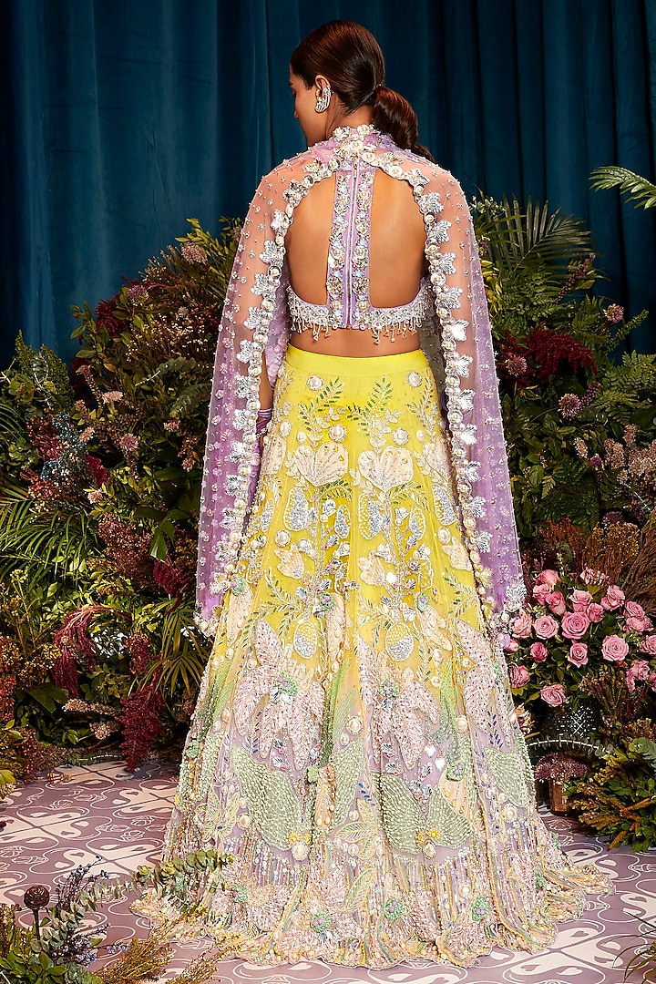 Lime & Lilac Ombre Tulle Crystal Stone Embellished Bridal Lehenga Set by Papa Don't Preach by Shubhika at Pernia's Pop Up Shop