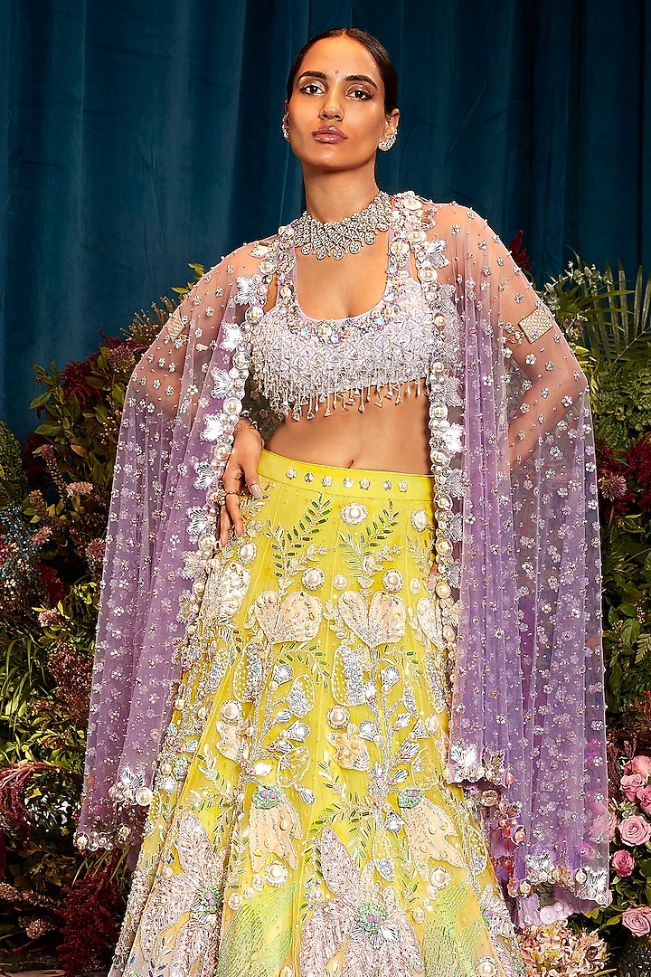 Lime & Lilac Ombre Tulle Crystal Stone Embellished Bridal Lehenga Set by Papa Don't Preach by Shubhika at Pernia's Pop Up Shop