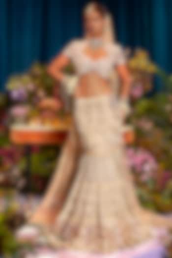 Ivory Tulle & Organza Hand Embroidered Bridal Lehenga Set by Papa Don't Preach by Shubhika at Pernia's Pop Up Shop