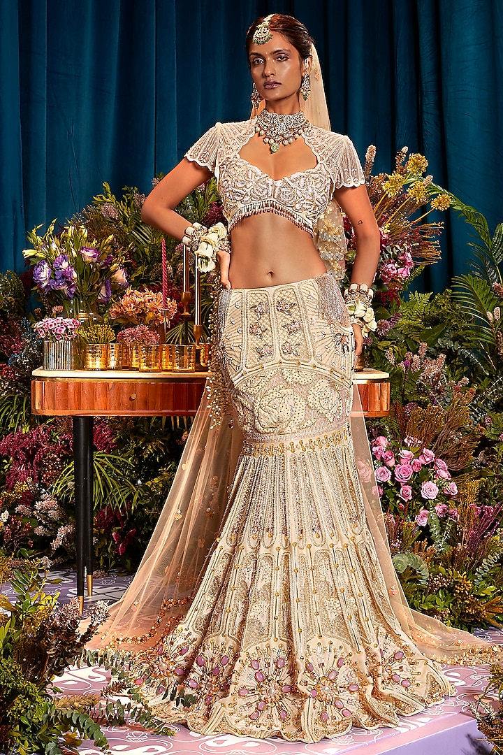 Ivory Tulle & Organza Hand Embroidered Bridal Lehenga Set by Papa Don't Preach by Shubhika at Pernia's Pop Up Shop