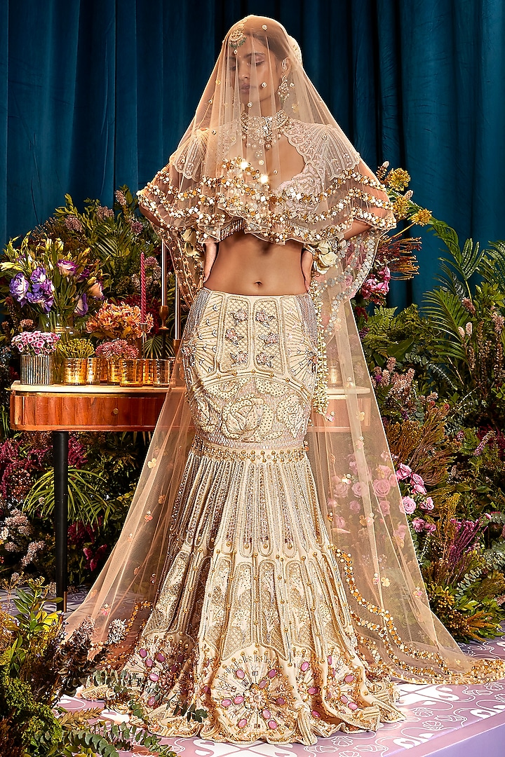 Ivory Tulle & Organza Hand Embroidered Bridal Lehenga Set by Papa Don't Preach by Shubhika at Pernia's Pop Up Shop