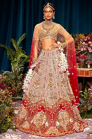 Peach Raw Silk Stone Embroidered Lehenga Set by Papa Don't Preach by Shubhika
