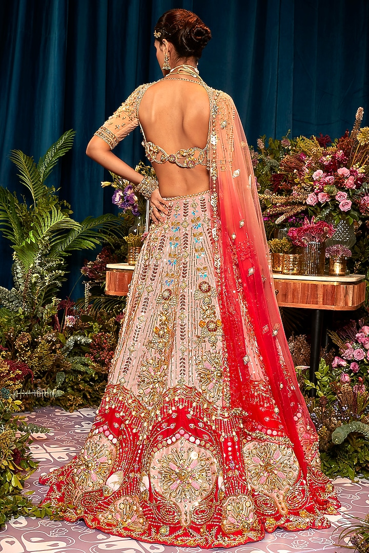 Peach Raw Silk Stone Embroidered Bridal Lehenga Set by Papa Don't Preach by Shubhika at Pernia's Pop Up Shop