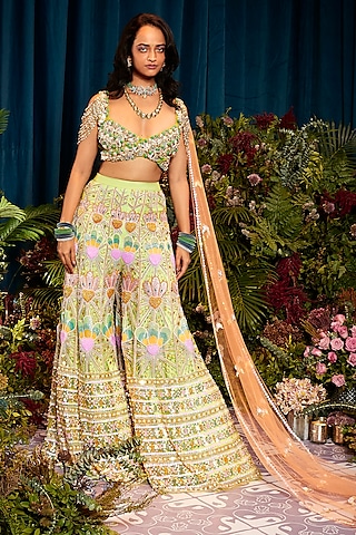 Mint Green Tulle Sequins Embroidered Sharara Set by Papa Don't Preach by Shubhika