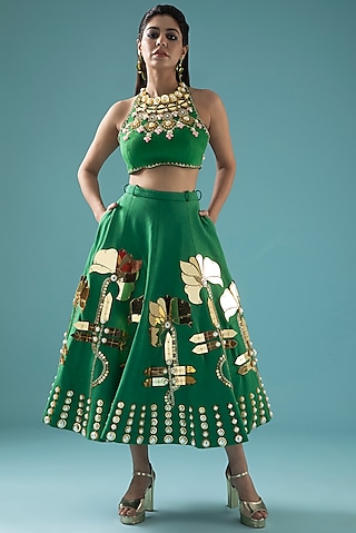 Green Embellished Lehenga Set by Papa Don't Preach by Shubhika
