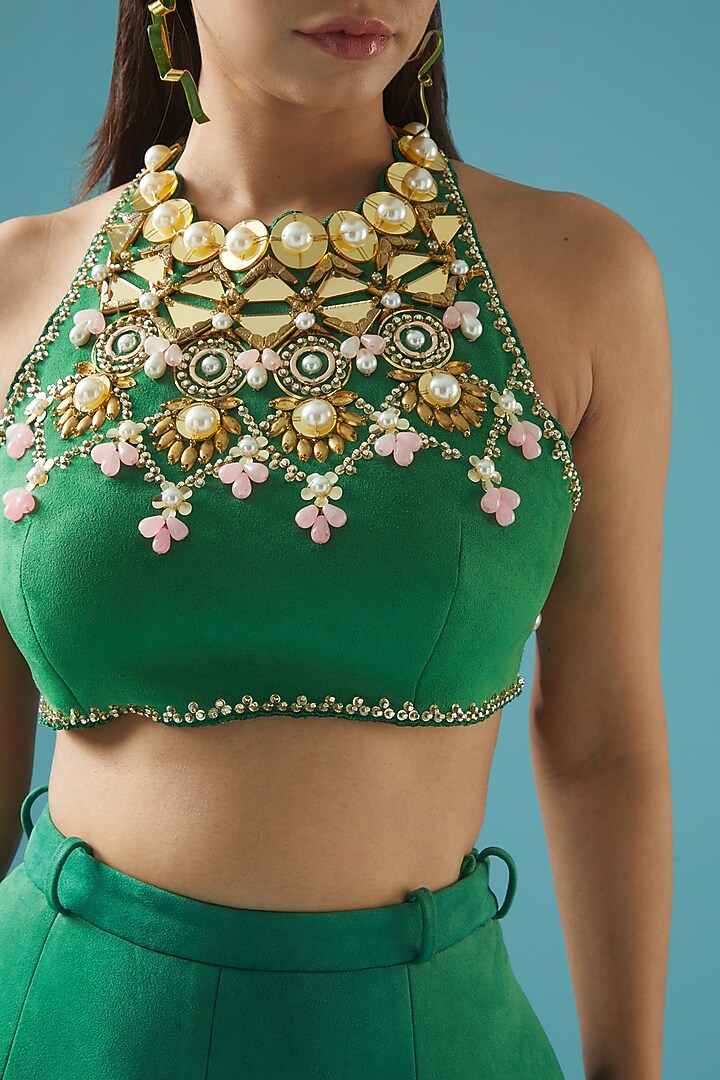 Green Embellished Bridal Lehenga Set by Papa Don't Preach by Shubhika at Pernia's Pop Up Shop