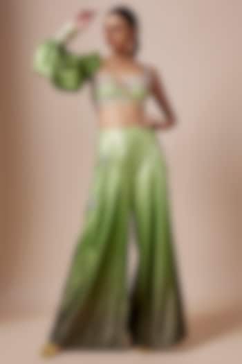 Green Taffeta 3D Sequins Embellished Pant Set by PAPA DONT PREACH PRET