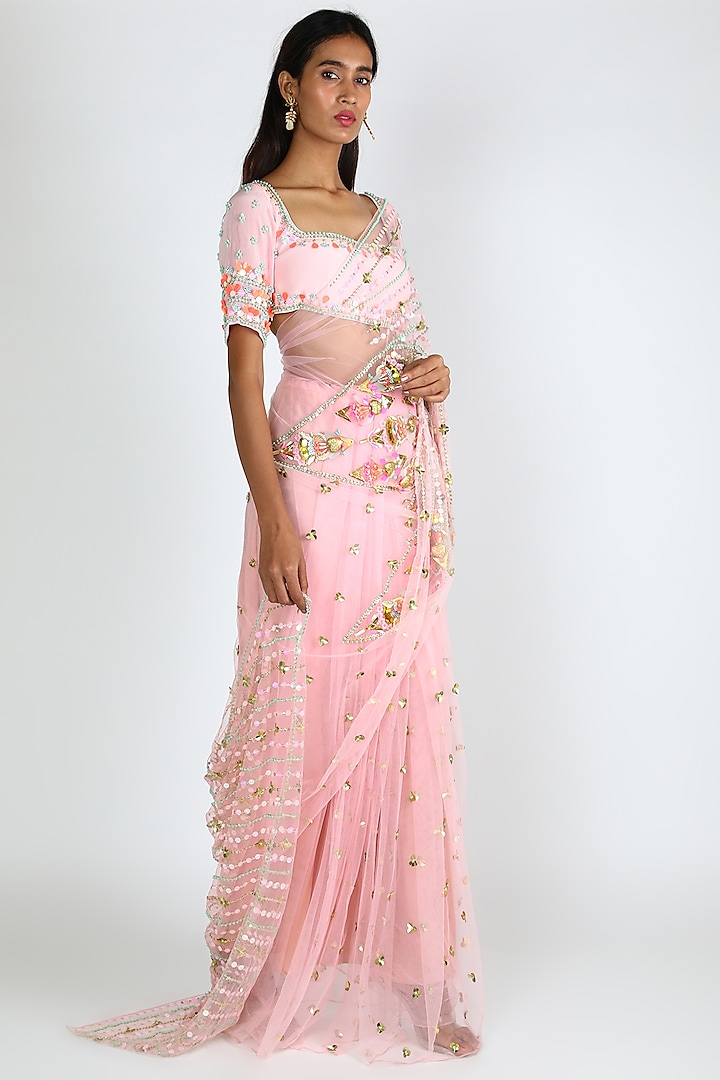 Blush Pink Embroidered Pre-Stitched Saree Set by Papa Don'T Preach By Shubhika