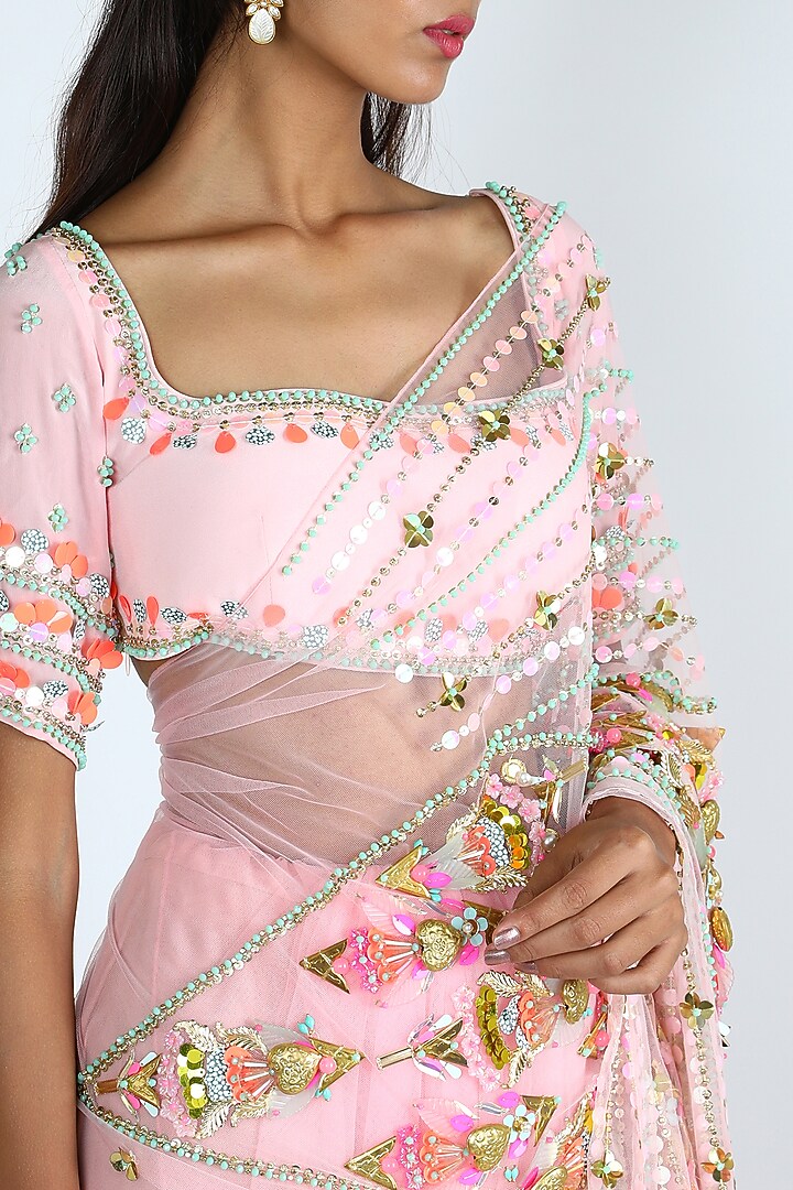 Blush Pink Embroidered Pre-Stitched Bridal Saree Set by Papa Don'T Preach By Shubhika at Pernia's Pop Up Shop