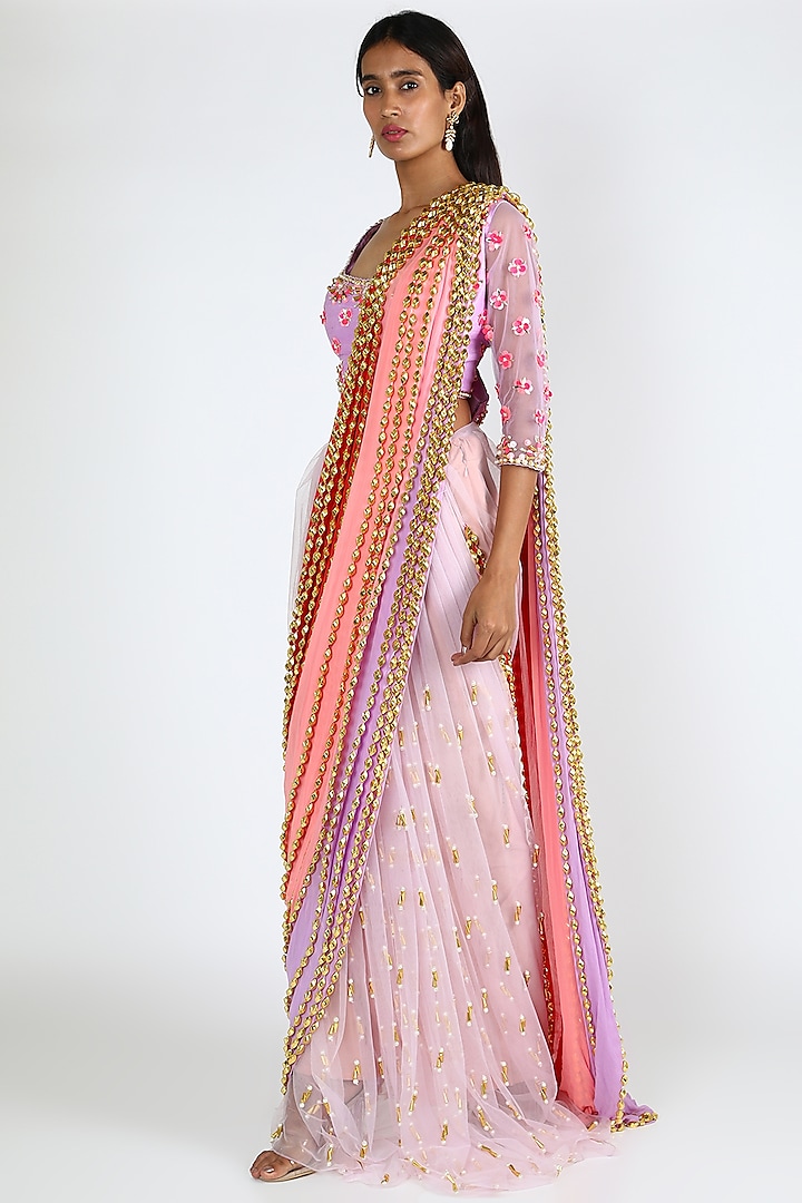Multi-Colored Crepe Aari Embroidered Pre-Stitched Saree Set by Papa Don'T Preach By Shubhika