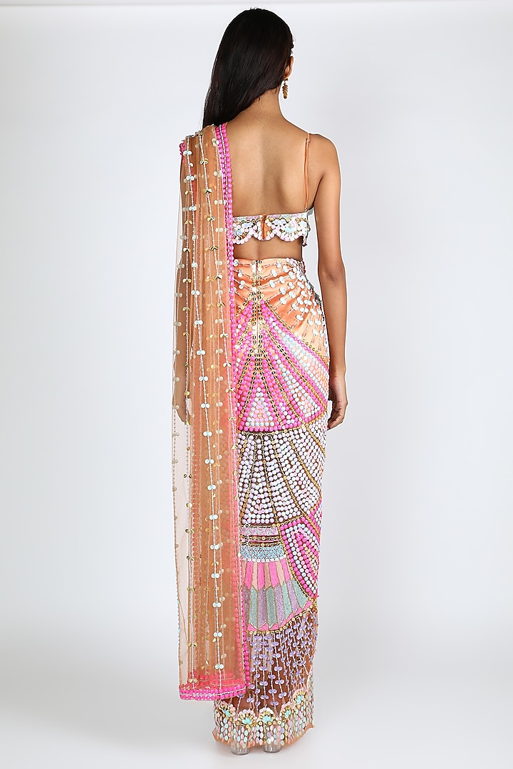 Multi-Colored Tulle Aari Embroidered Pre-Stitched Bridal Saree Set by Papa Don'T Preach By Shubhika at Pernia's Pop Up Shop