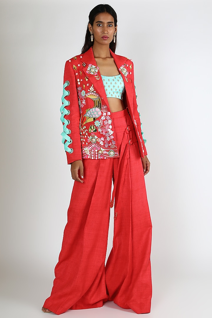 Red & Mint Embroidered Pant Set by Papa Don'T Preach By Shubhika