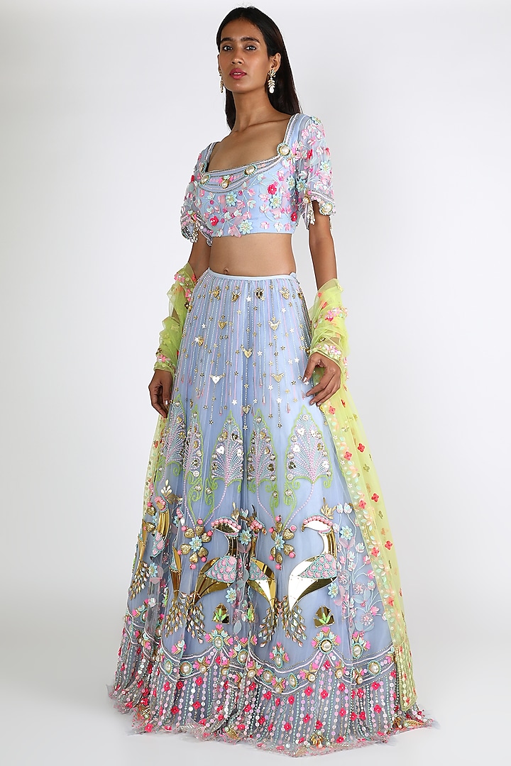 Sky Blue & Yellow Embroidered Lehenga Set by Papa Don'T Preach By Shubhika