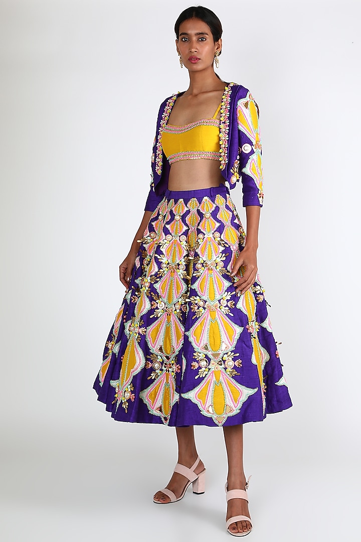 Violet Embroidered Short Lehenga Set With Jacket by Papa Don'T Preach By Shubhika