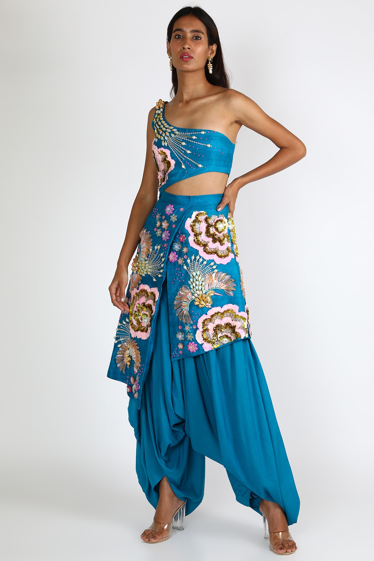 Electric Blue Embroidered One-Shoulder Jumpsuit by Papa Don'T