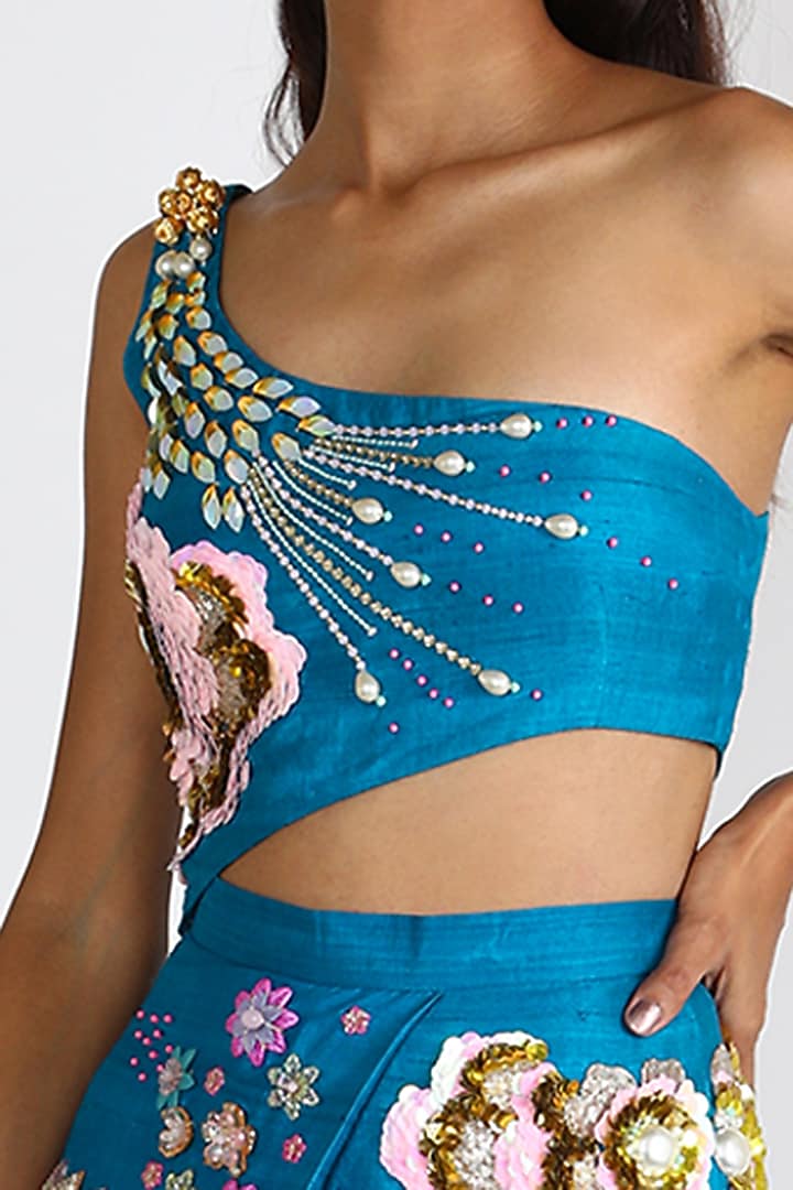 Electric Blue Embroidered One-Shoulder Jumpsuit by Papa Don'T Preach By Shubhika at Pernia's Pop Up Shop