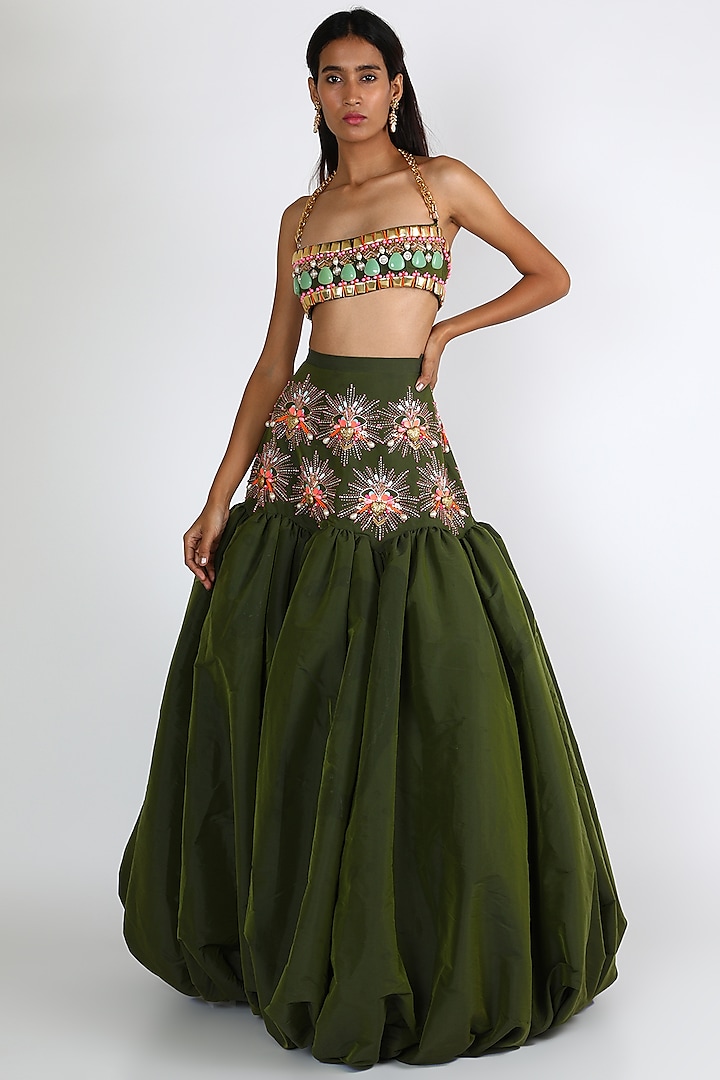 Olive Green Embroidered Lehenga Set by Papa Don'T Preach By Shubhika
