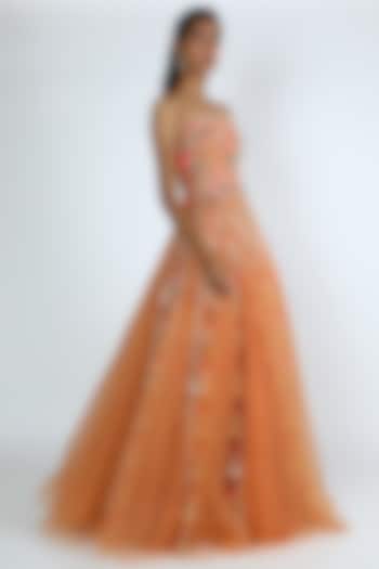 Orange Embroidered Tulle Lehenga Set by Papa Don'T Preach By Shubhika