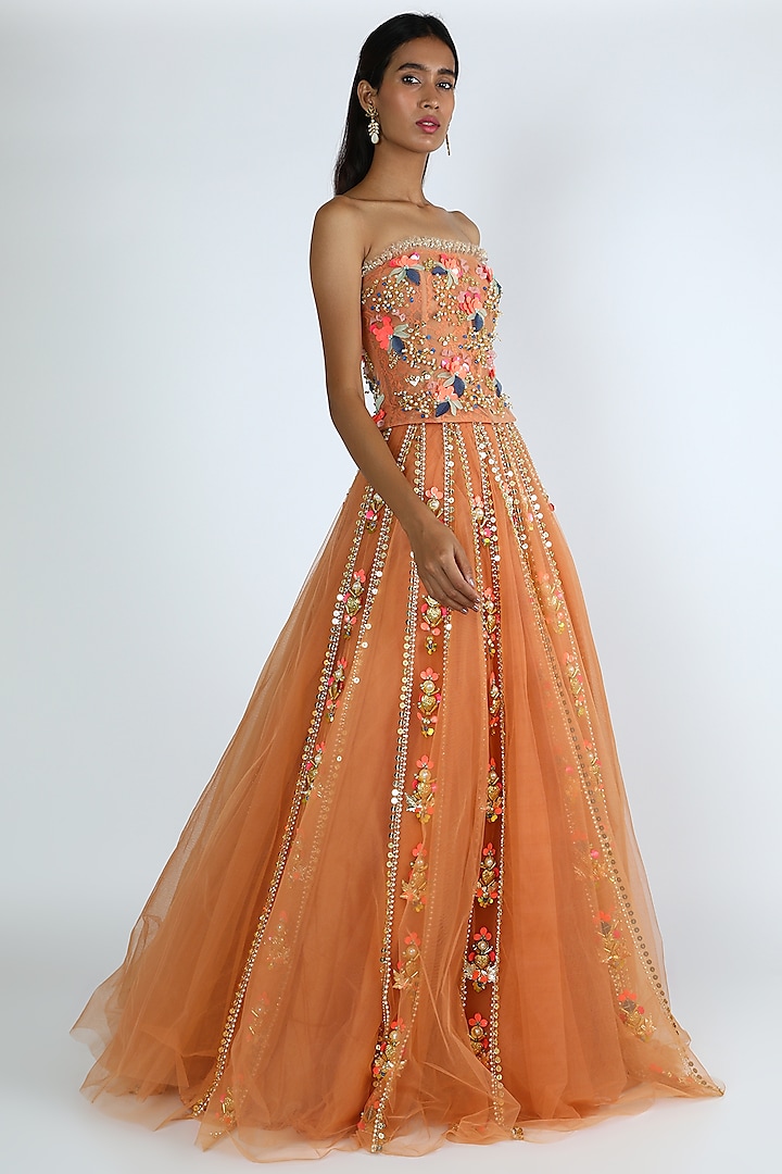 Orange Embroidered Tulle Lehenga Set by Papa Don'T Preach By Shubhika