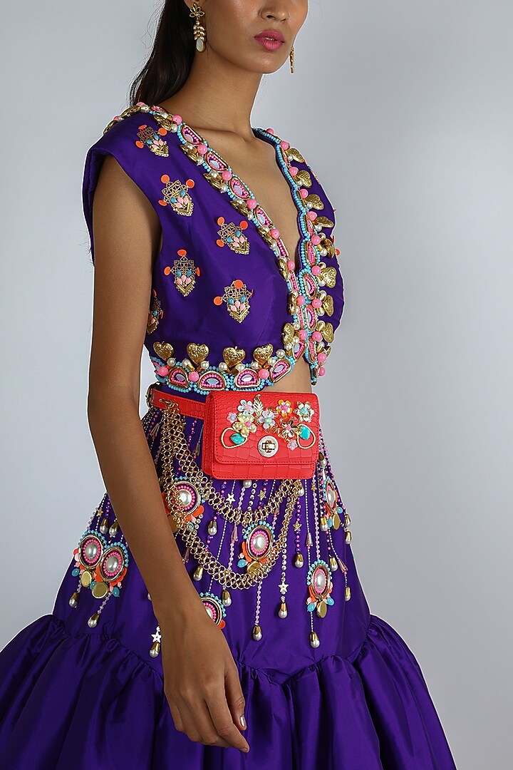 Red Embellished Belt Bag by Papa don't preach by Shubhika Accessories at Pernia's Pop Up Shop