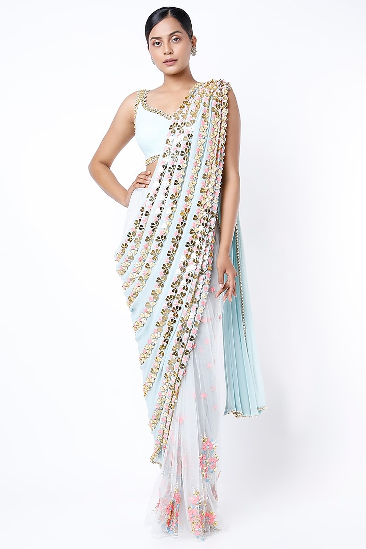 Vista Blue & Gold Georgette Embroidered Pre-Stitched Bridal Saree Set by Papa Don't Preach by Shubhika at Pernia's Pop Up Shop